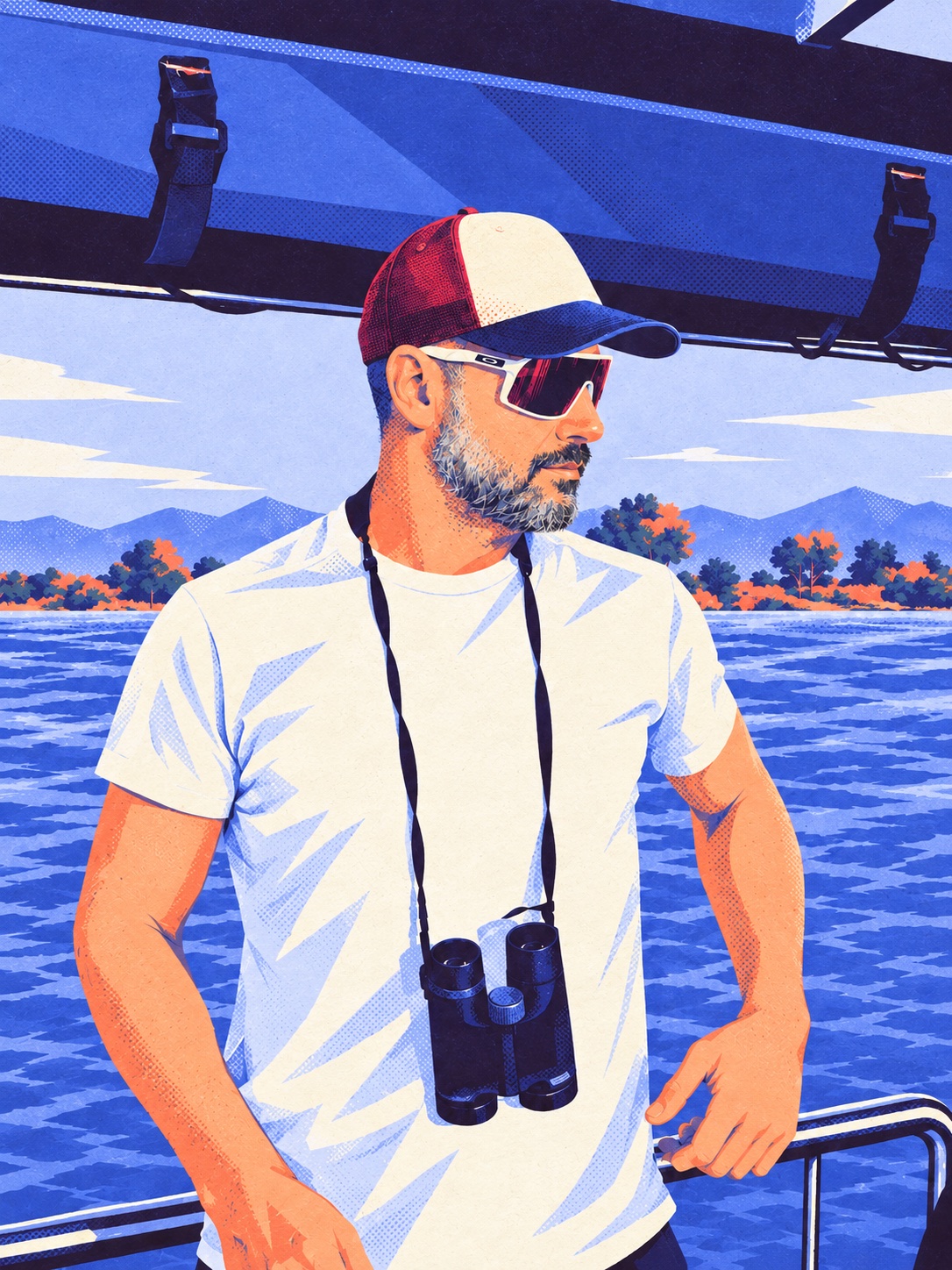 Alex an Bord mit Fernglas, im Hintergrund Wasser und Berge